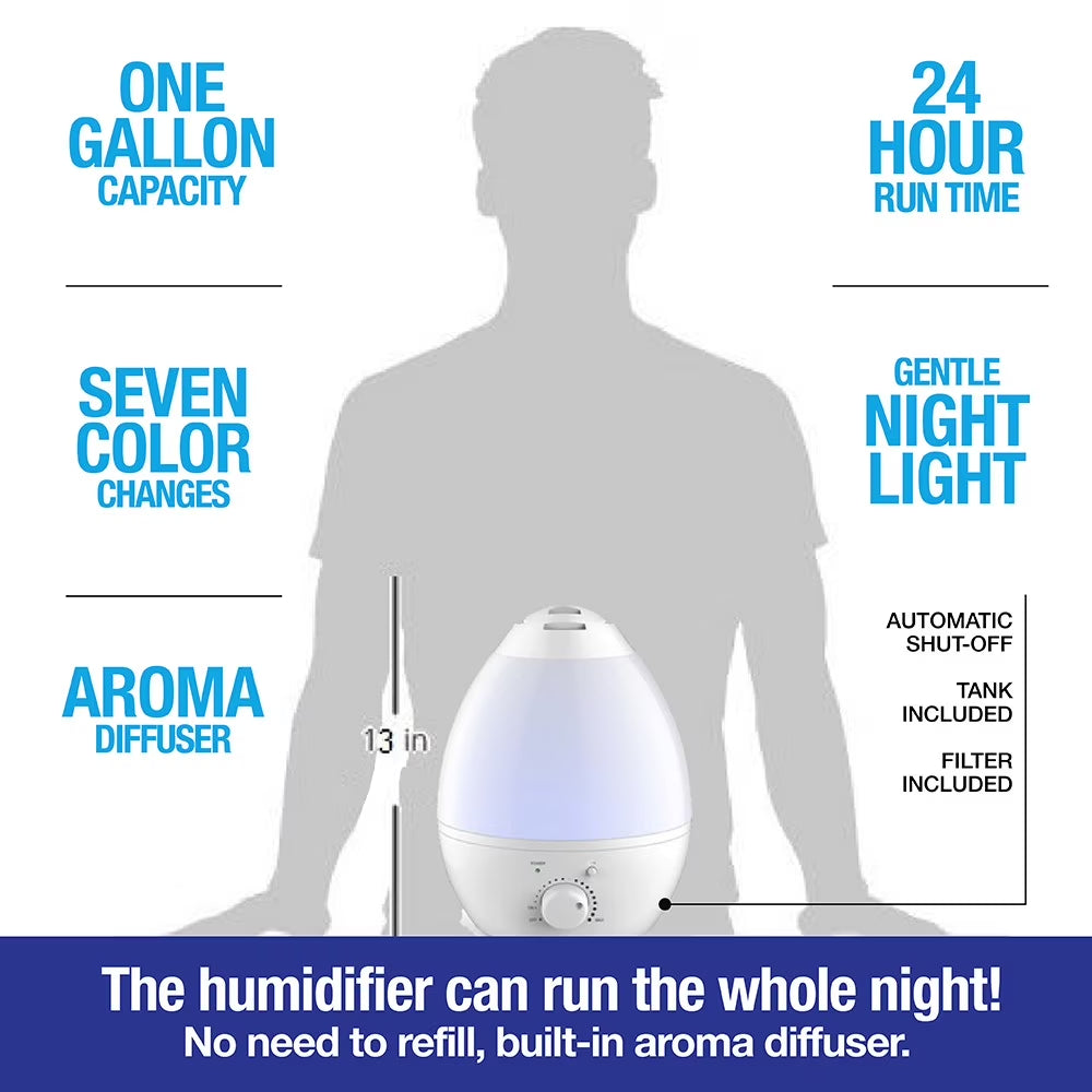 Bell + Howell Cool Ultrasonic Humidifier with XL 1 Gallon Capacity, Built in Aroma Diffuser, 7 Color Changing Nightlight