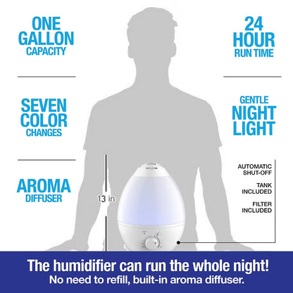 Bell + Howell Cool Ultrasonic Humidifier with XL 1 Gallon Capacity, Built in Aroma Diffuser, 7 Color Changing Nightlight