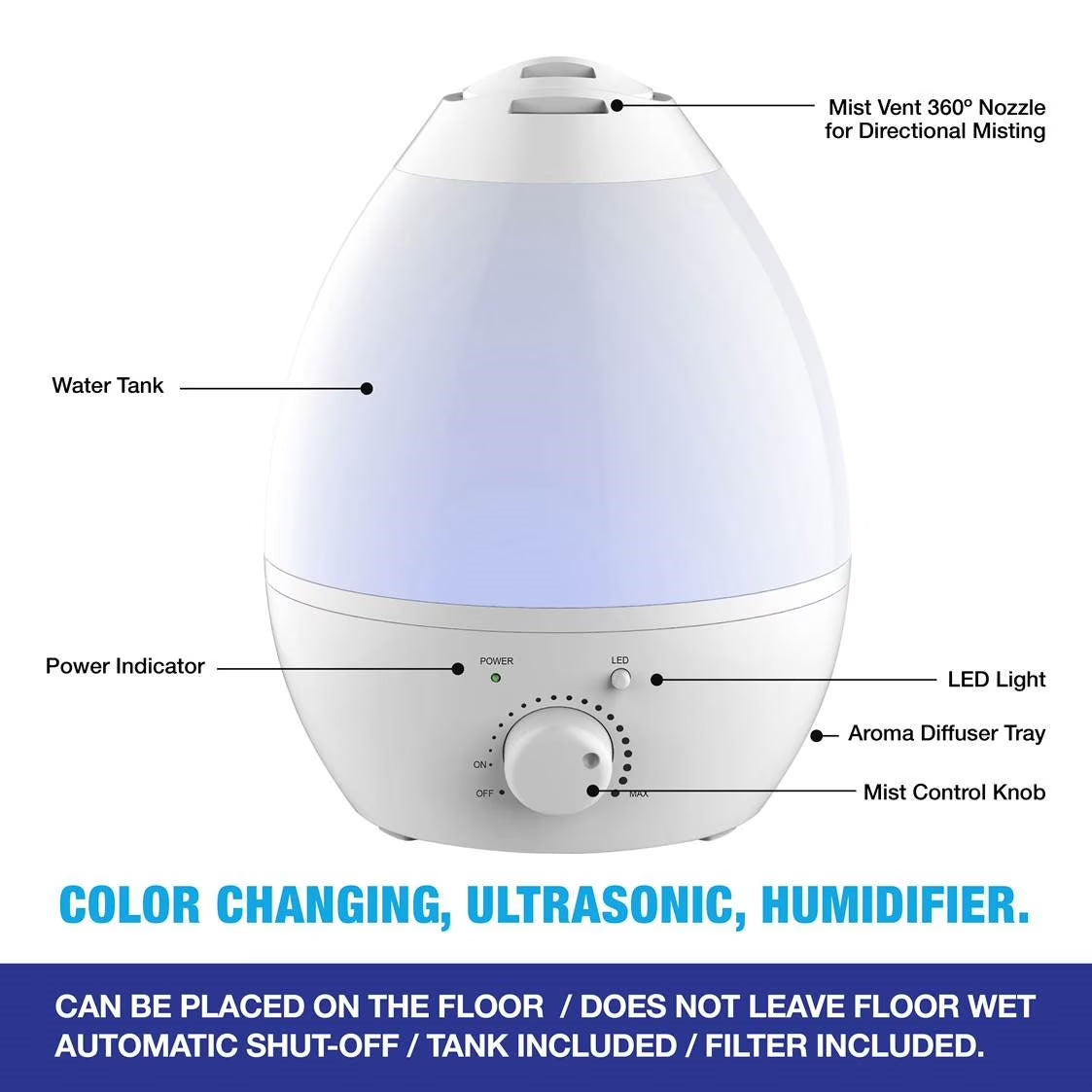 Bell + Howell Cool Ultrasonic Humidifier with XL 1 Gallon Capacity, Built in Aroma Diffuser, 7 Color Changing Nightlight