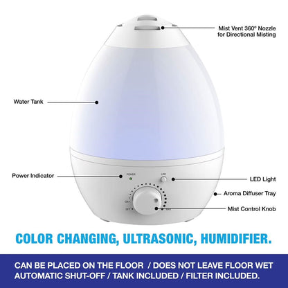 Bell + Howell Cool Ultrasonic Humidifier with XL 1 Gallon Capacity, Built in Aroma Diffuser, 7 Color Changing Nightlight