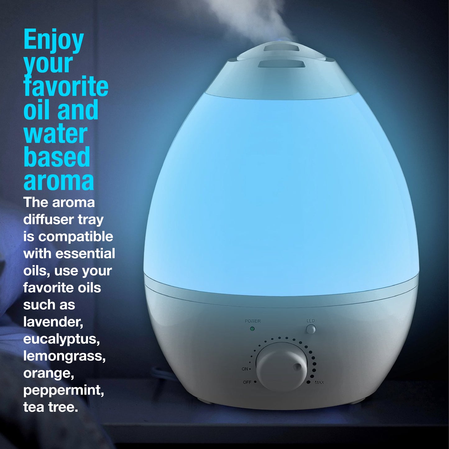 Bell + Howell Cool Ultrasonic Humidifier with XL 1 Gallon Capacity, Built in Aroma Diffuser, 7 Color Changing Nightlight